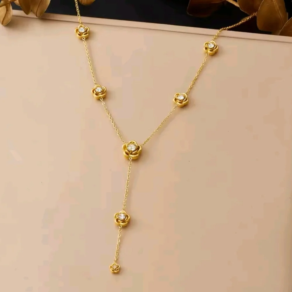 ​18k Gold Plated Rose Lariat Necklace 316L Stainless Steel Floral Zircon Jewel